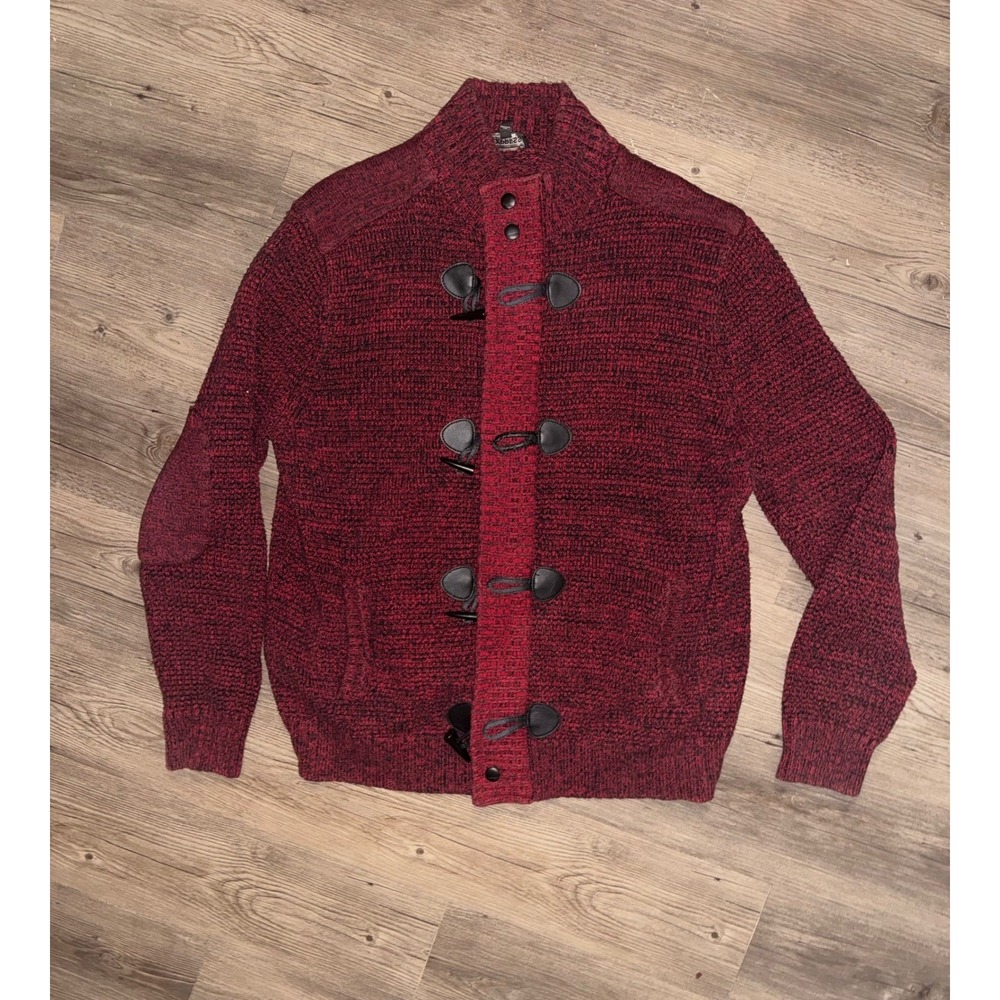 Express Mens Burgundy Marled Toggle Zip Cardigan Sweater Elbow Patches XL